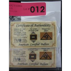 2 x .9999 Fine Gold Certified Bullion Bars