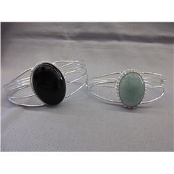 2 Silver cuff bangles set with Onyx & Aquamarine