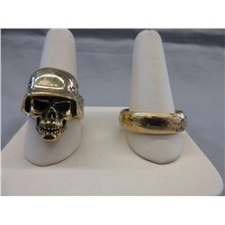 2 Solid Bronze skull & band biker rings
