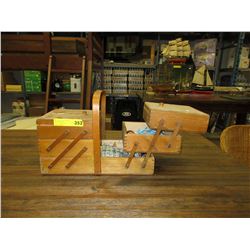 Vintage wood accordion sewing basket and contents