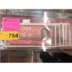 5 x 1954 Canadian $2 Bills