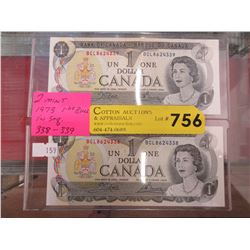 2 Mint 1973 Canadian $1 bills