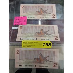 3 x 1986 Mint Canadian $2 bills