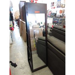 Floor standing mirror with rear shelving