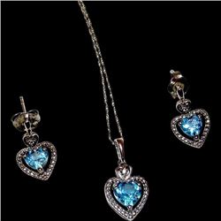 Sterling Silver Blue Topaz Marcasites Earrings Necklace