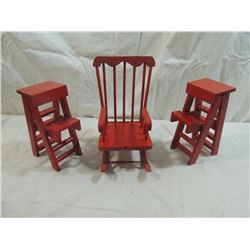 LOT 3 RED WOODEN DOLL FURNITURE