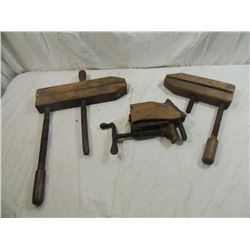 LOT 3 3 ANTIQUE WOODEN VISES