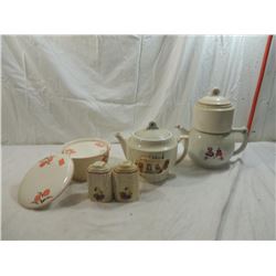 LOT 5 MISC VINTAGE CERAMIC BOWLS, TEA POTS, SALT