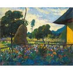 Kádár Géza (1878-1952) Virágözön a kerti boglya árnyékában, 1928.