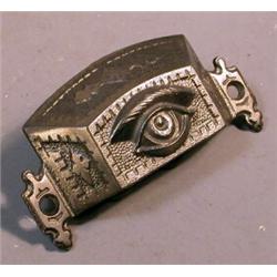 Very Rare Bin Pull, Cast iron bin pull, 4" x 2.5", embossed with the All Seeing Eye of the Odd...