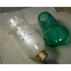 Two Good Glass Chimneys, The green chimney is 8" high, with a 5" diameter, and takes a 3" fitte...