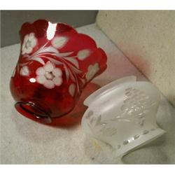 Two Cut Glass Shades, The cranberry glass shade is more like a chimney. It is 5" high with a 7"...