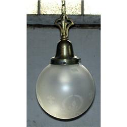 Hanging Glass globe, Round stencil etched globe, 7" diameter, hanging on a 16" brass chain and...
