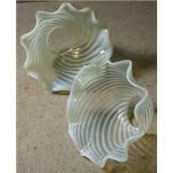 Pair of Opalescent Blue Gas Shades, Fine pair of opalescent blue glass ruffled edge gas shades...