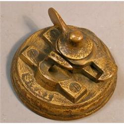 Ives Sash Lock Paperweight, A cast iron sash lock mounted on a wooden plinth with the name Ives...