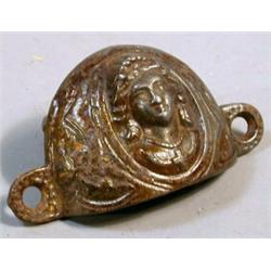 Figural Lady Bin pull, Scarce round top cast iron bin pull with mid-19th Century woman's bust c...
