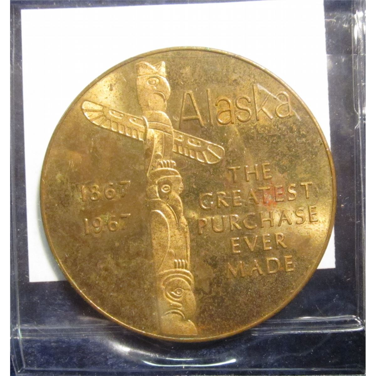 667. 18671967 Alaska Purchase Centennial 39mm Brass Medal. BU. Depicts