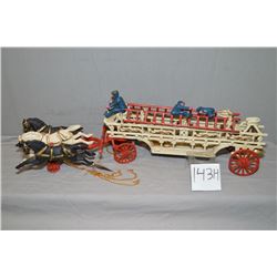 Antique Style Circa 1970's Die Cast Toy [ Three Horse Drawn Fire Wagon w/ladder ]