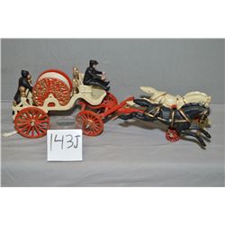 Antique Style Circa 1970's Die Cast Toy Two Horse Drawn Fire Wagon