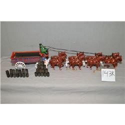 Antique Style Circa 1970's Die Cast Toy Eight Horse Drawn Beer Wagon w/ 2 drivers & dog
