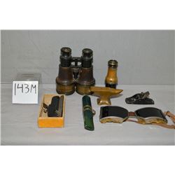 Tray Lot : Set of Antique Binoculars - Antique Telescope - antique duck call - antique brass anvil -