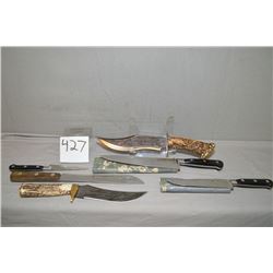 Tray Lot : Three Henckel Kitchen Knives, Unknown Damascus Hunting Knife w/leather case - Winchester 