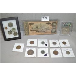 Tray Lot : American & Civil War Coins and Currency 1880, 1903 Morgan Silver Dollar, 1853 Half Dime, 