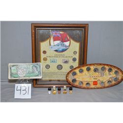 Tray Lot : Canadian Coins of WW II on Presentation Board - Canadian 1954 $ 20.00 Bill , Can 1937 $ 1