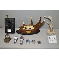 Tray Lot : Lg Heavy Cast Lock w/key - Ornate Brass Door Knob - Five Wrist Watches ( Seiko, Timex ) -