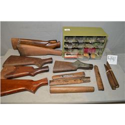 Box Lot : Small Portable Metal Tool Box ; w/gun parts, various gun stocks & forewood , etc. PAL REQ