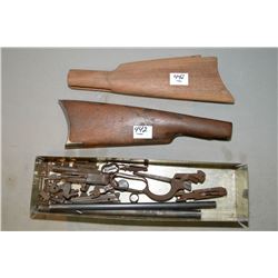 Tray Lot : Two Crescent stocks w/metal butt plates, metal box w/ Winchester parts - PAL REQ
