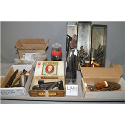 Lot of Three Trays : Brown metal boxes w/gun parts, Mauser bolts, Win 1895 parts, brass butt plate -