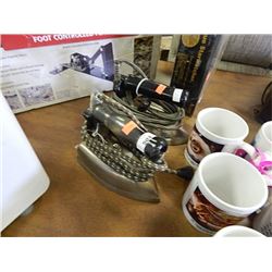 SHELF LOT - VINTAGE ELECTRIC IRONS, KETTLES WAFFLE MAKER & MIXER ETC