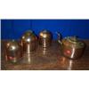 Image 1 : THREE COPPER PUDDING BOWLS AND COVERS, one stamped Harrods and a copper kettle., £30/60...