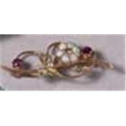 A GOLD, OPAL, RUBY AND DIAMOND SPRAY BROOCH., £100/150...