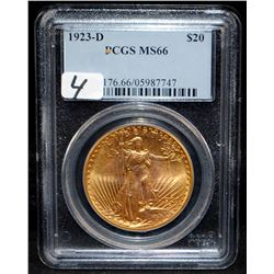 SCARCE 1923-D $20 ST. GAUDENS GOLD - PCGS MS66