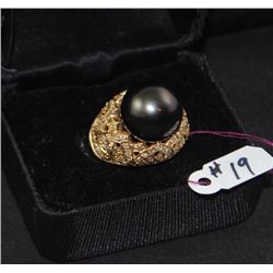 LADIES 14K BLACK TAHITIAN PEARL & DIAMOND RING