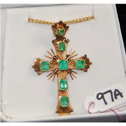 LADIES 18K WHITE GOLD EMERALD SUNBURST CROSS