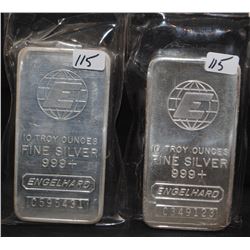 2 "ENGELHARD' 10 TROY OZ .999 FINE SILVER BARS