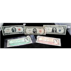 U.S. AND CANADIAN CURRENCY FROM SAFE DEPOSIT - $5 UNITED STATES NOTE - SERIES 1953 B RED SEAL, $2 UN