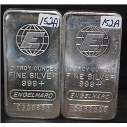 TWO ENGELHARD 10 TROY OZ .999+ FINE SILVER BARS