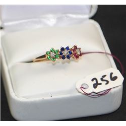 LADIES 10K DIAMOND, RUBY, SAPPHIRE & EMERALD RING