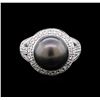 Image 1 : 11.7MM Tahitian Pearl and Diamond Ring - 18KT White Gold