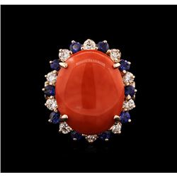 14KT Rose Gold 9.80ct Red Coral, Sapphire and Diamond Ring