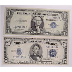 1934C & 1935E $1/$5 SILVER CERTIFICATES #'s I02708372I/P70611759 CU