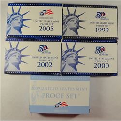 U.S. PROOF SETS with BOX/COA's; 1999, 2000, 2002, 2005, 2009