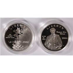 (2) PROOF COMMEM SILVER DOLLARS: 2002 OLYMPICS & 2004 EDISON ORIG BOXES COA