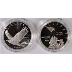 (2) PROOF COMMEM SILVER DOLLARS: 2005 MARINES & 2008 BALD EAGLE ORIG BOXES COA