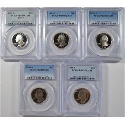 5-WASHINGTON QUARTERS ALL PCGS PR-69 DCAM 1985-S, 90-S, 91-S, 92-S, 92-S SILVER