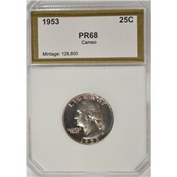 1953 WASHINGTON QUARTER, PCI PROOF-68 CAMEO!